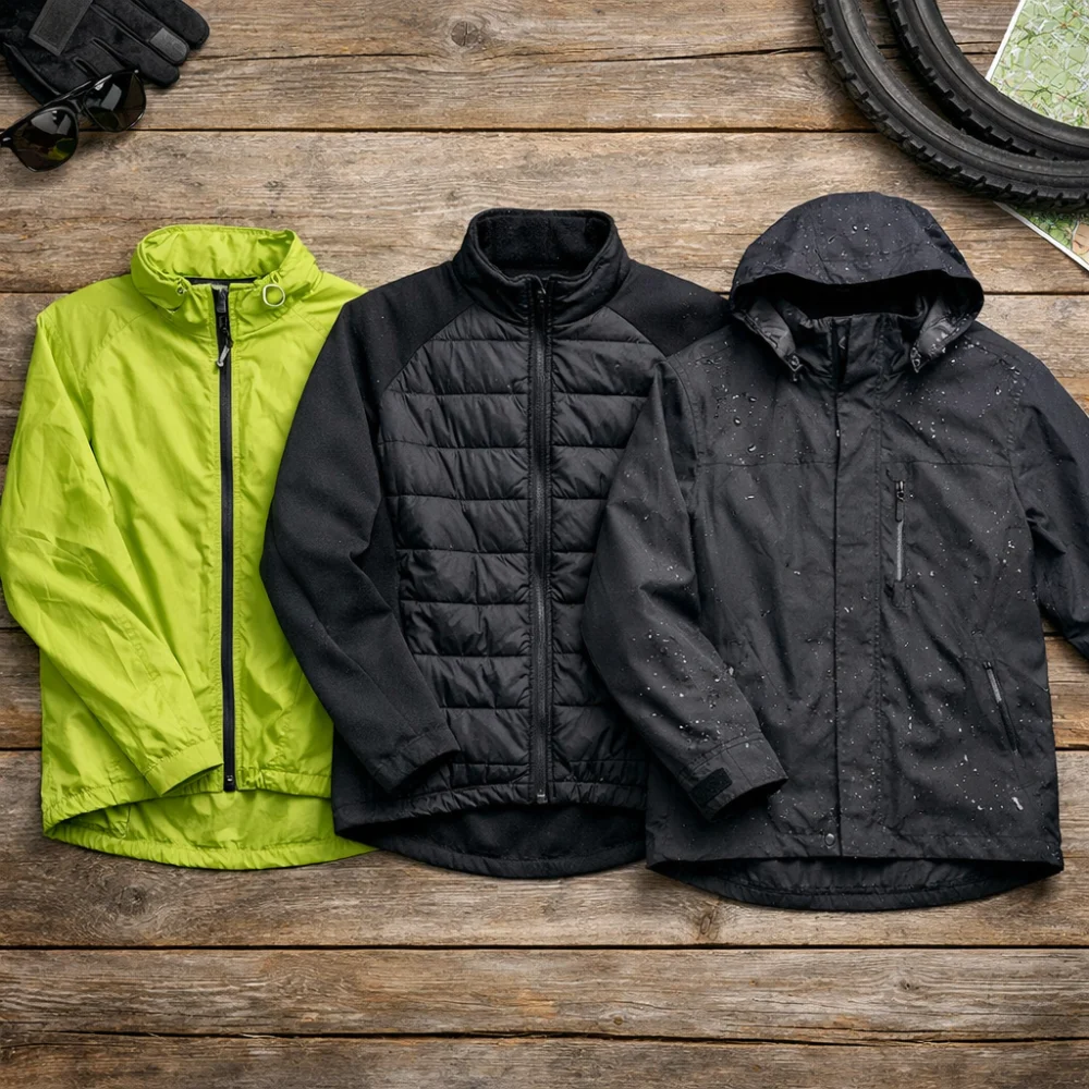 Three generic cycling jackets showing different styles for weather protection and warmth