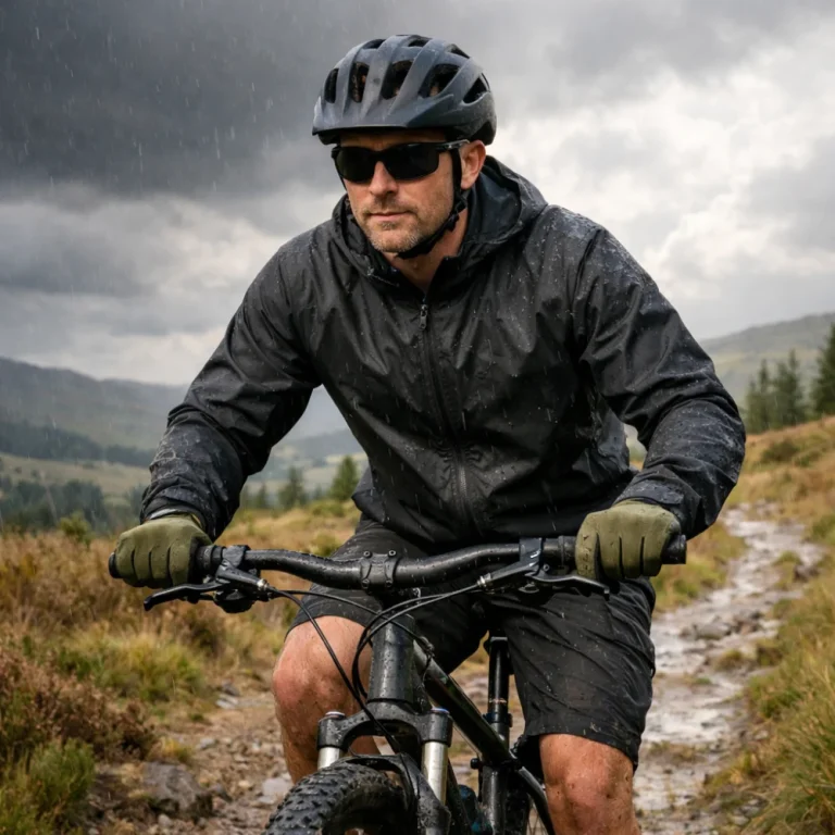 A cyclist wearing a jacket riding on a trail in changeable weather