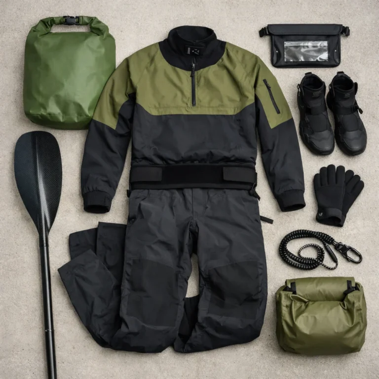 Men’s paddlesports clothing laid out with paddling gear on a clean background.