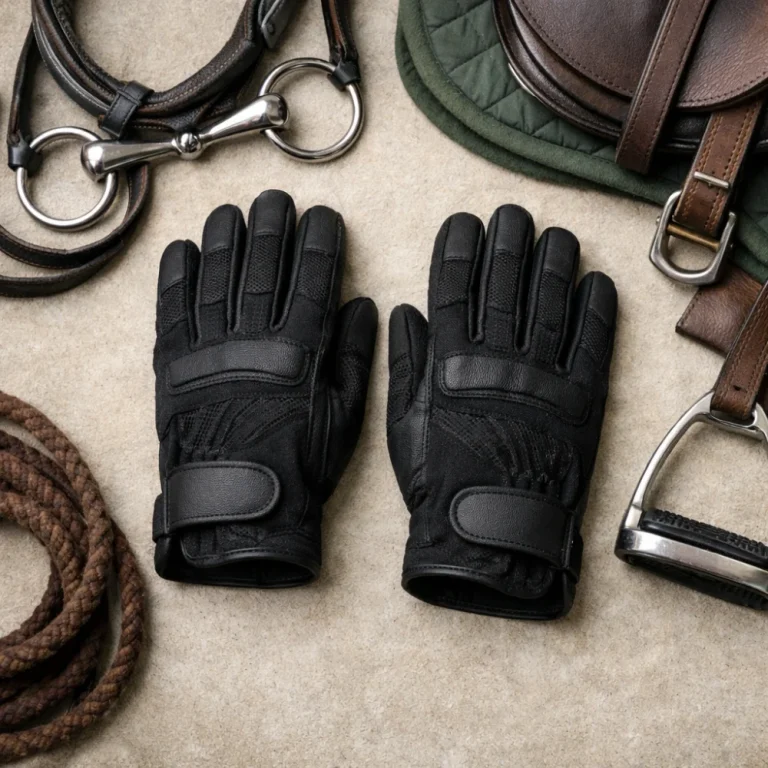 Men's riding gloves laid out on a neutral background near riding tack