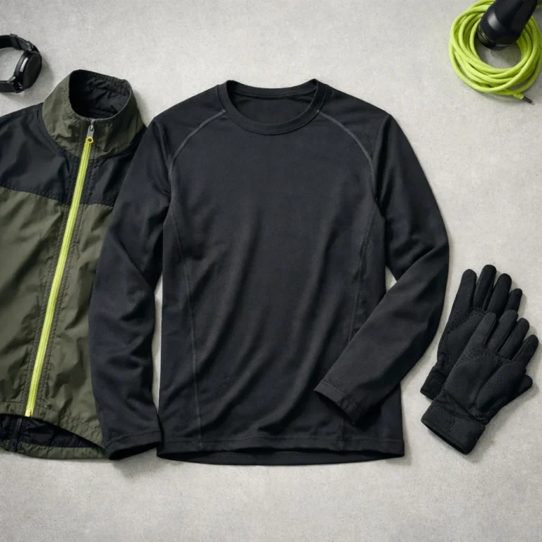 Men's running base layer laid flat with a jacket and gloves on a neutral background.