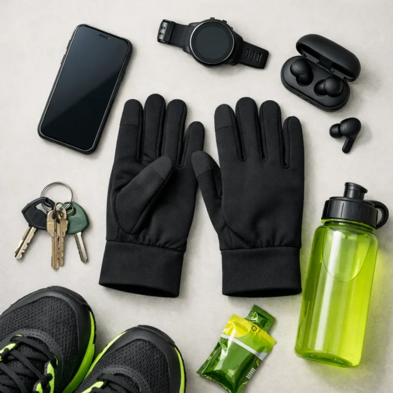 A pair of running gloves laid out with simple running accessories on a plain background.