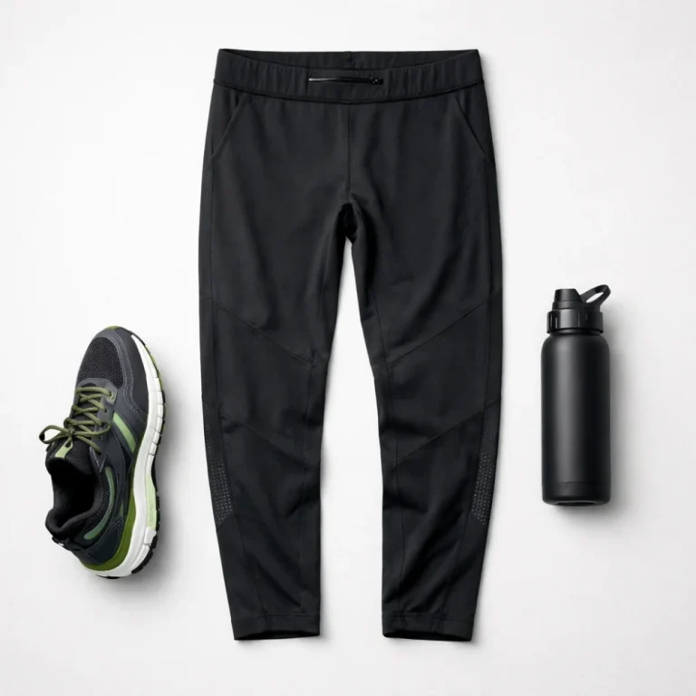 Men’s running leggings laid flat with running accessories on a neutral background.