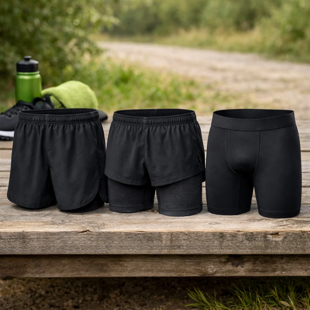 Three styles of men's running shorts shown for comparison