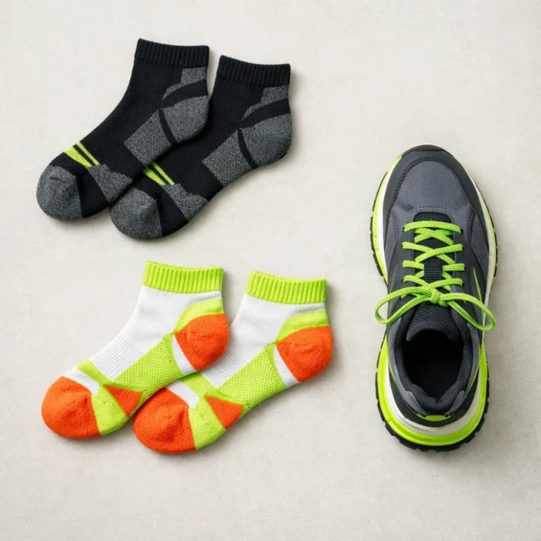 Flat-lay of running socks beside a running shoe on a neutral background.