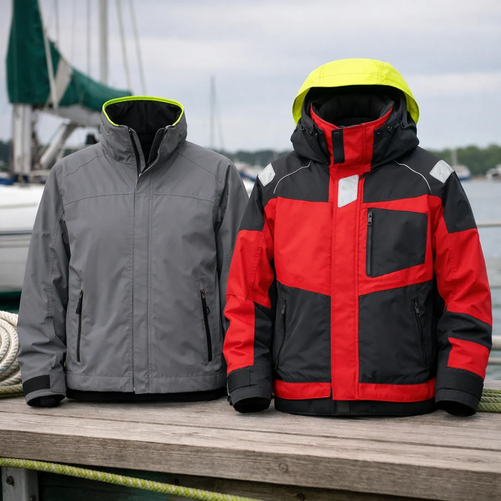 Two generic sailing jackets side by side showing different coverage levels