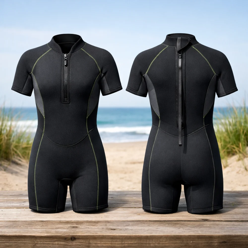 Two generic shorty wetsuit silhouettes showing different coverage and closure styles