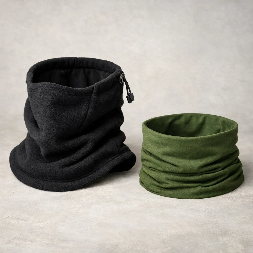 Two different neck warmer styles shown side by side