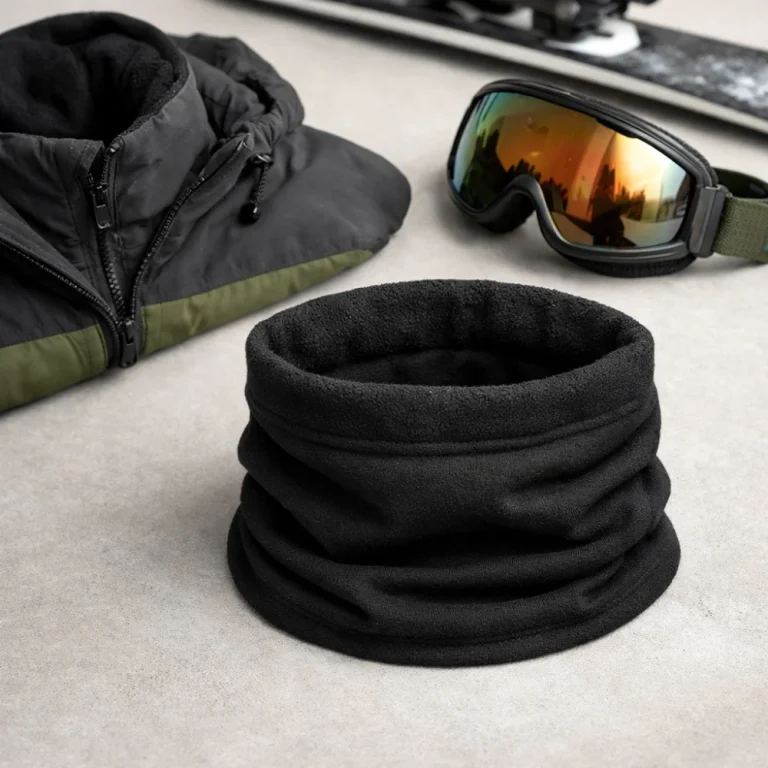 A ski neck warmer styled beside winter sports clothing and goggles