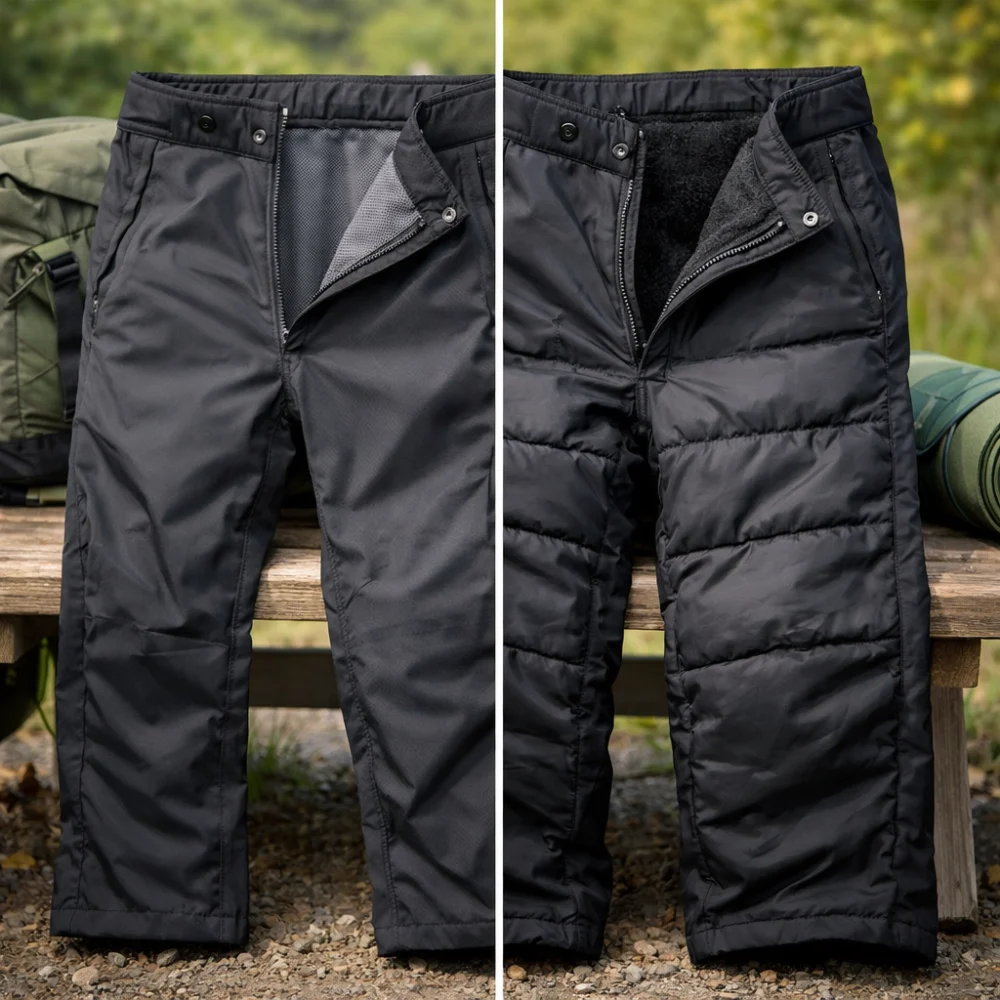 Two trouser silhouettes comparing lighter and thicker lining.