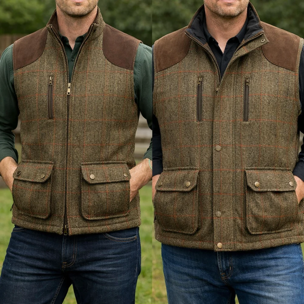 Two men’s tweed gilets comparing slim and roomier fits