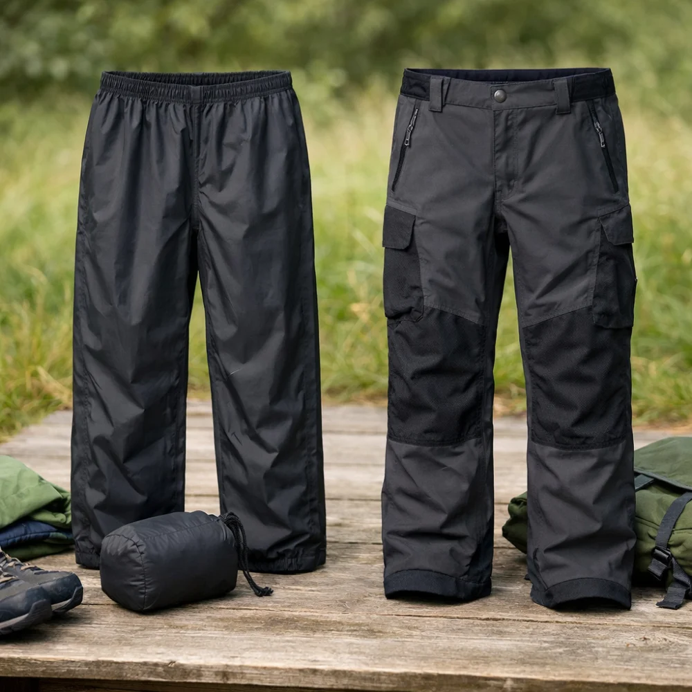 Two generic waterproof trouser styles shown side by side for comparison