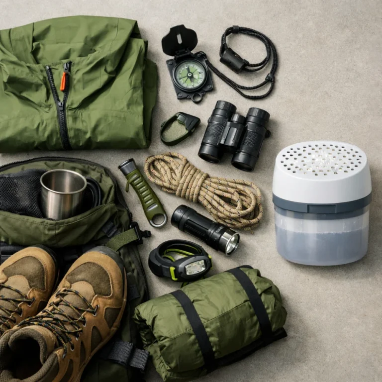 Outdoor gear stored beside a plain moisture absorber in a tidy storage space.