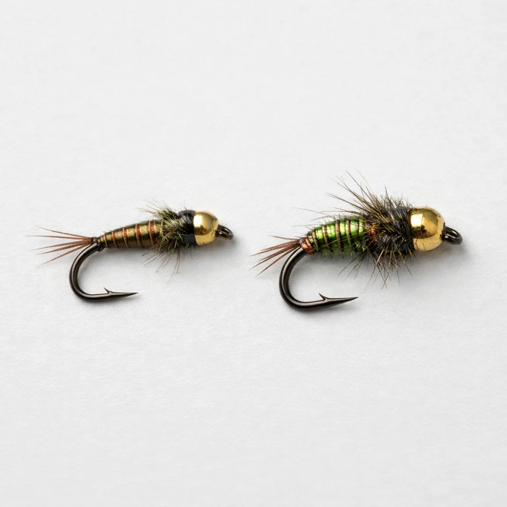 Two nymph flies shown side by side to compare slim and fuller profiles.