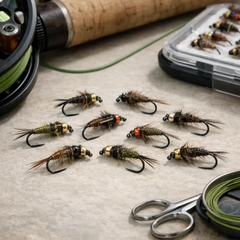 A selection of nymph fishing flies arranged on a neutral surface beside simple fly-fishing tackle.