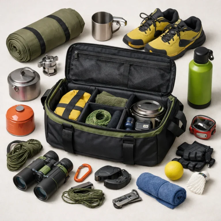 A generic outdoor gear storage bag with outdoor kit beside it on a plain background.