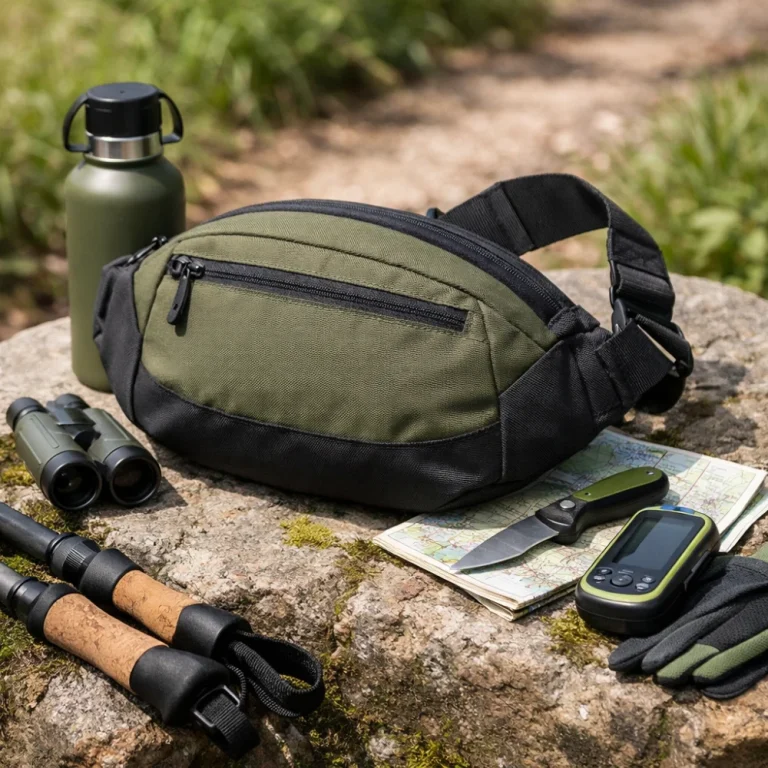 Generic outdoor sling bag with everyday walking essentials on a simple natural surface.