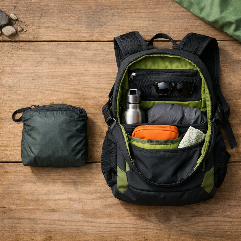 Two packable daypacks compared, one folded small and one opened with a basic structure.