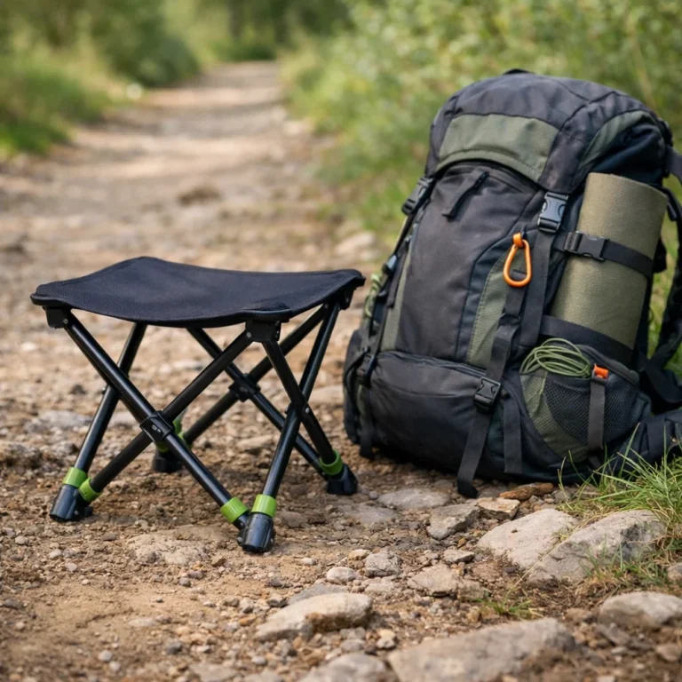 A compact trail seat beside a rucksack on a walking path
