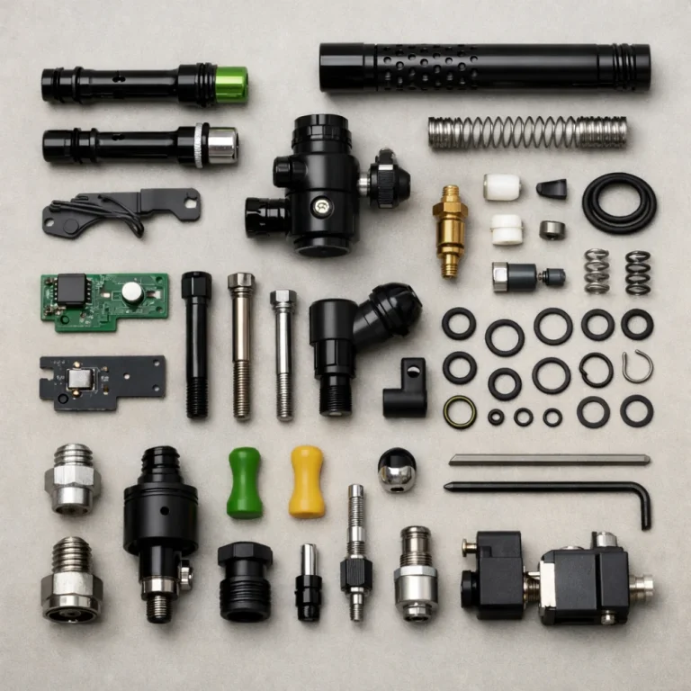 Assorted generic paintball marker replacement parts arranged on a neutral background
