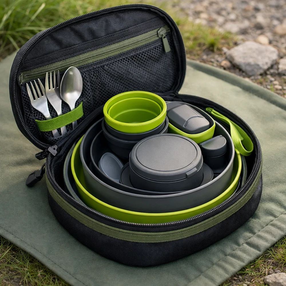 Compact picnic tableware set packed neatly for carrying