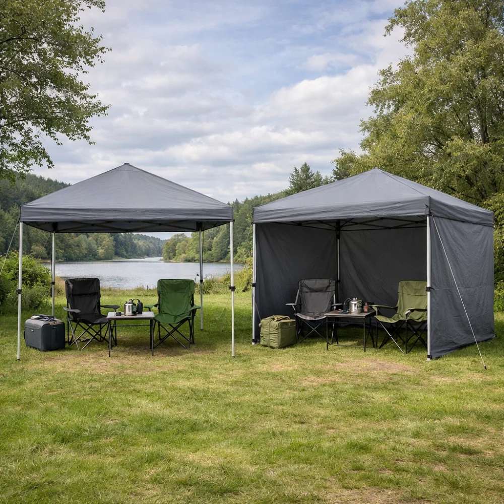 Two generic pop-up canopy setups showing open and more enclosed styles