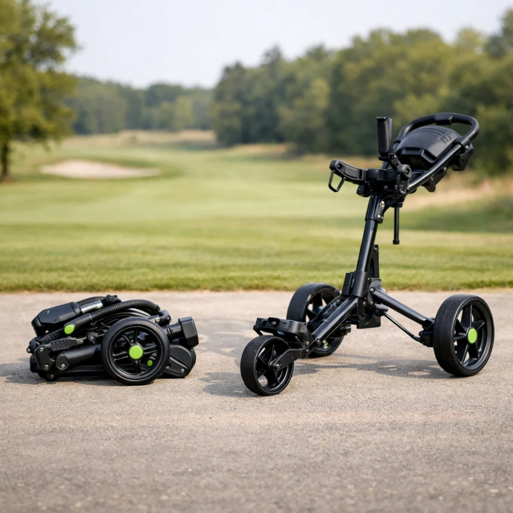 Generic push golf cart shown folded and open for comparison