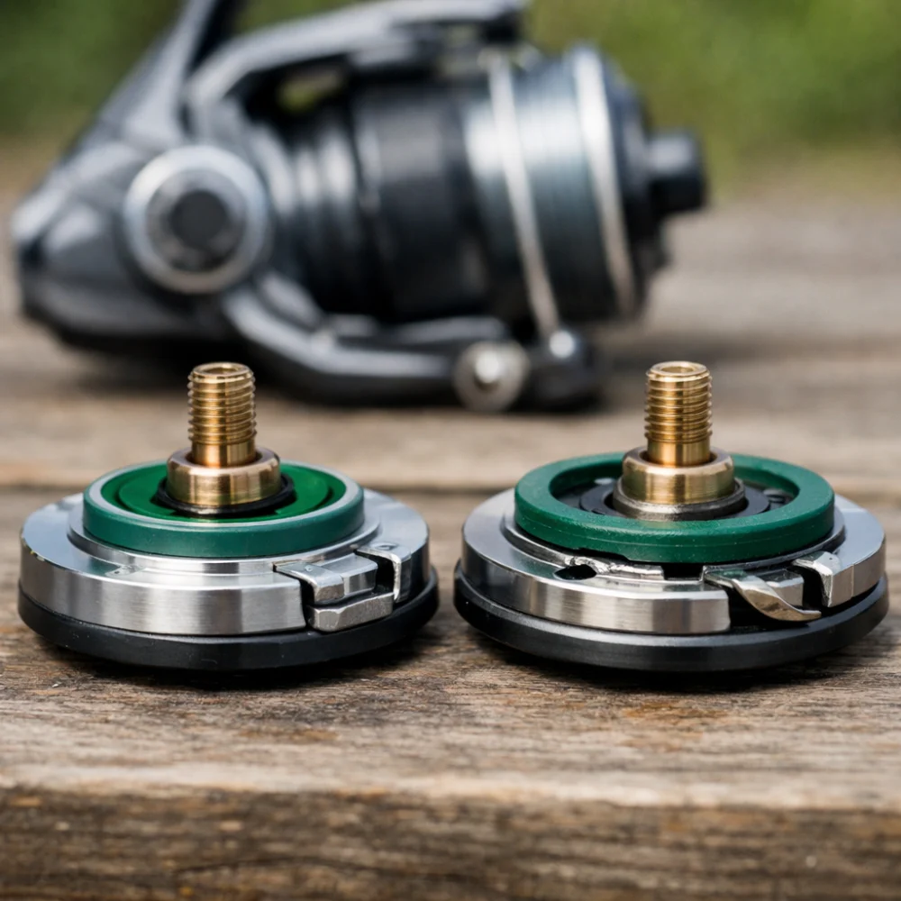 Close-up comparison of two similar fishing reel parts beside a generic reel outline
