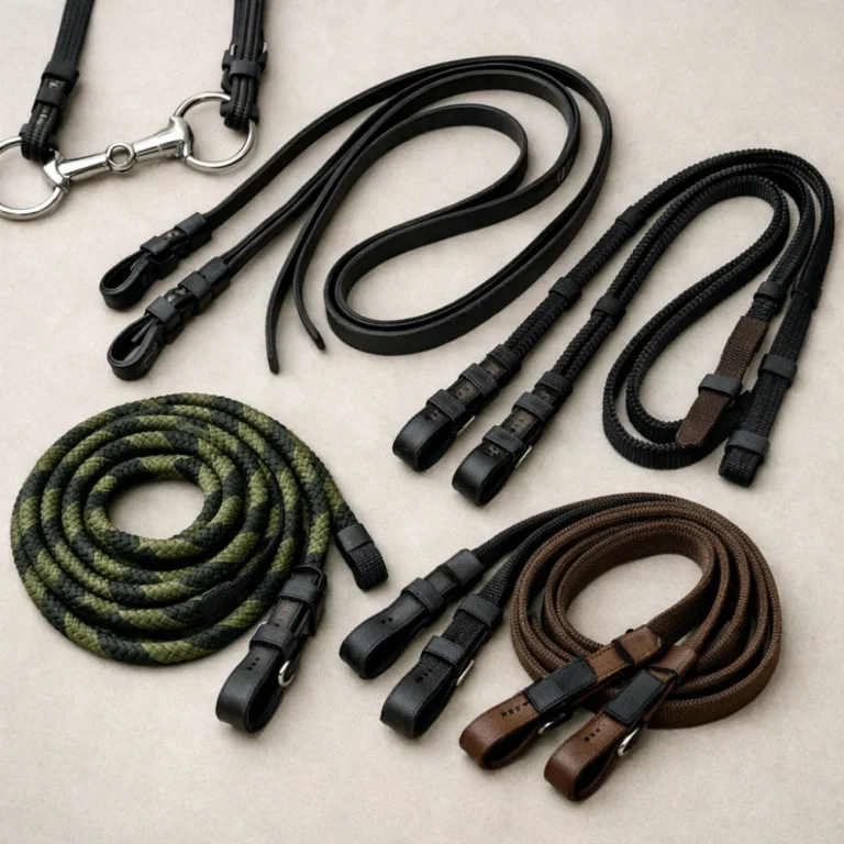 Generic horse reins laid out on a neutral background