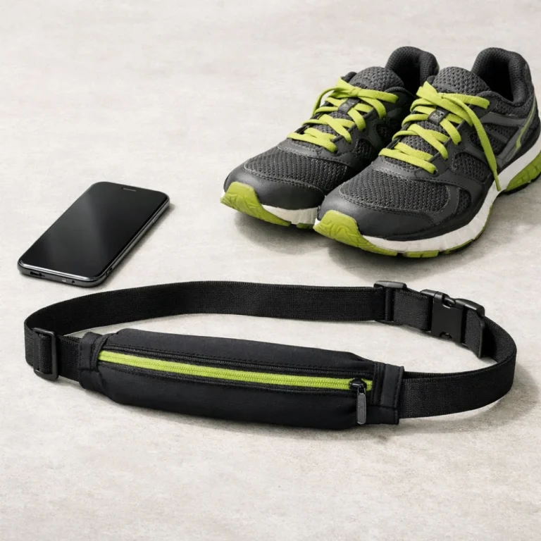 Running phone belt beside a smartphone and running shoes