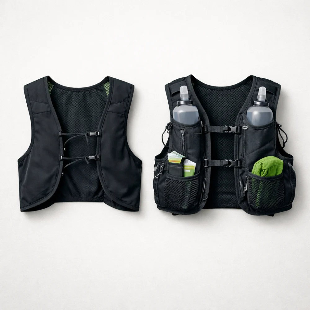 Two generic running vests shown side by side to suggest different storage layouts.