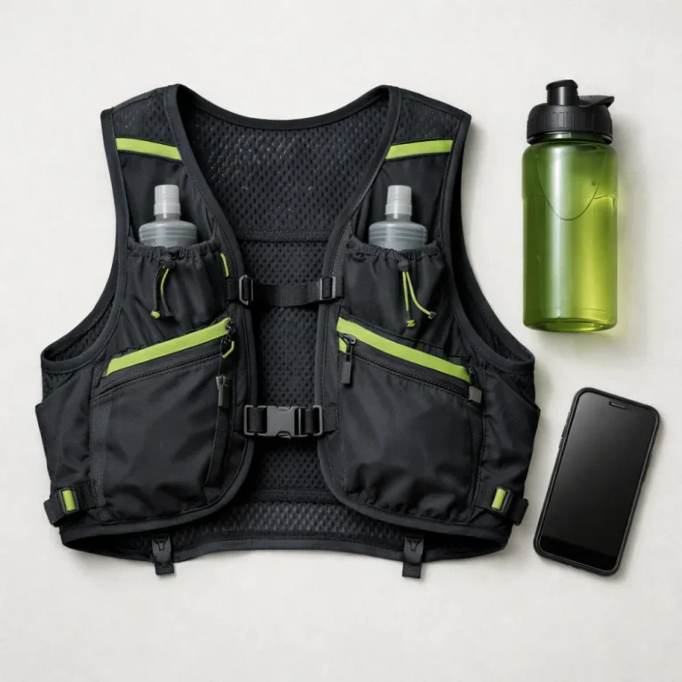 A generic running vest laid flat with running essentials on a plain background.