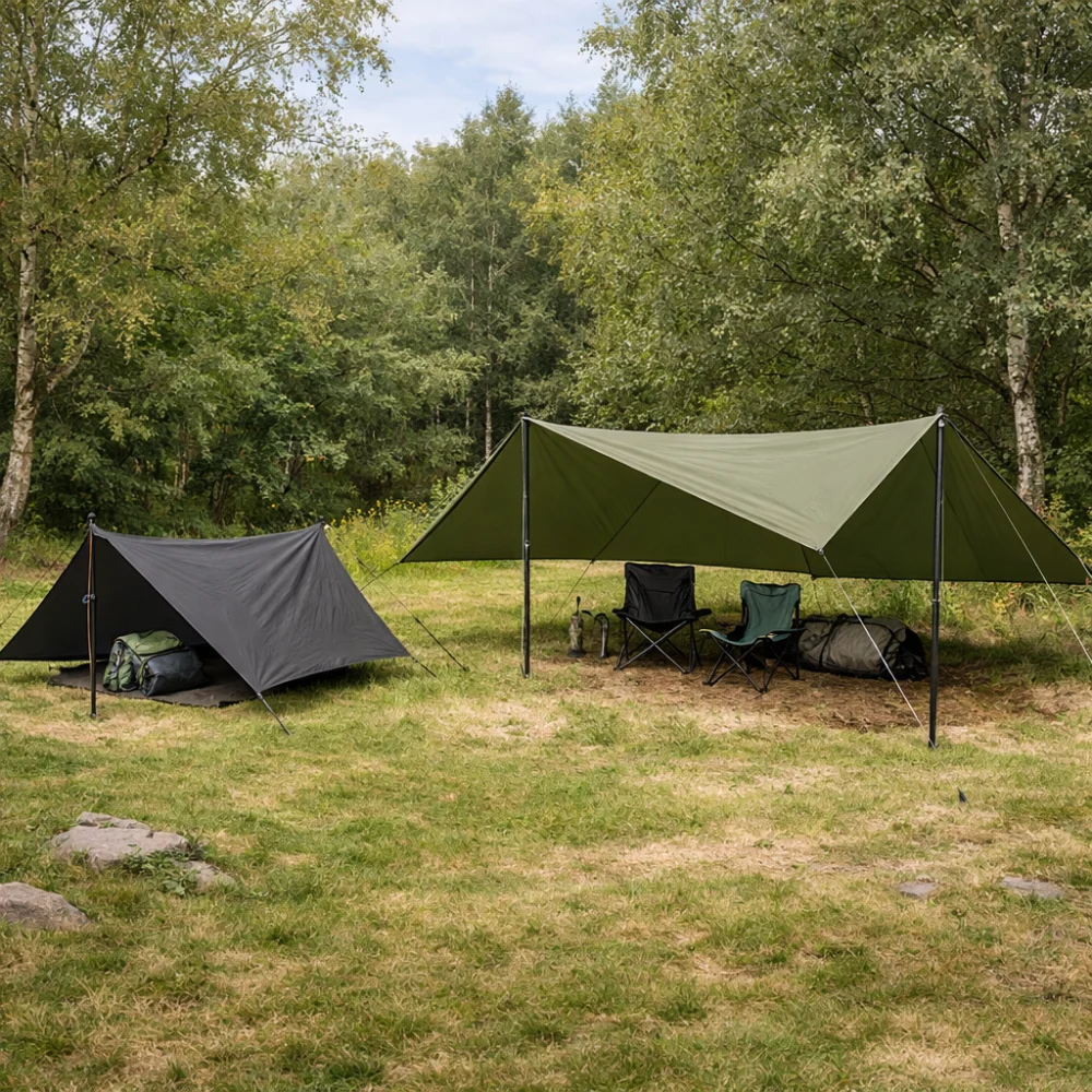 Two generic shade tarp setups showing different coverage and packability