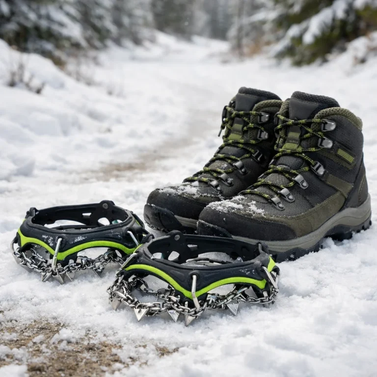 Walking boots with generic snow traction devices on a snowy surface