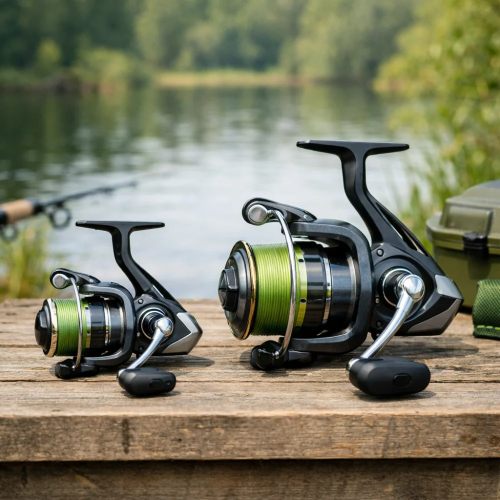 Two generic spinning reels of different sizes shown side by side.