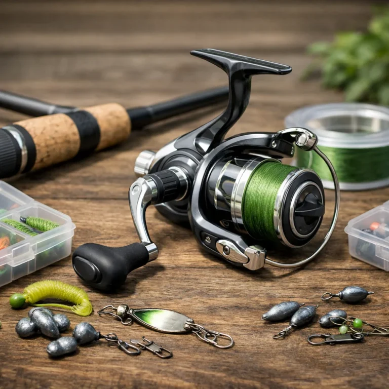 A generic spinning reel displayed with fishing gear on a neutral background.