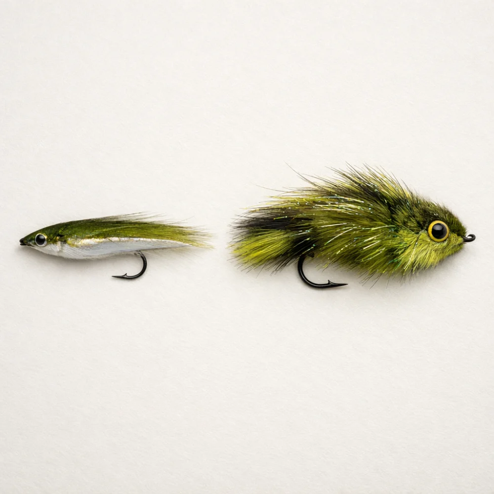 Two streamer flies with different profiles shown side by side