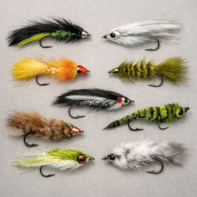 Several streamer flies arranged on a neutral surface