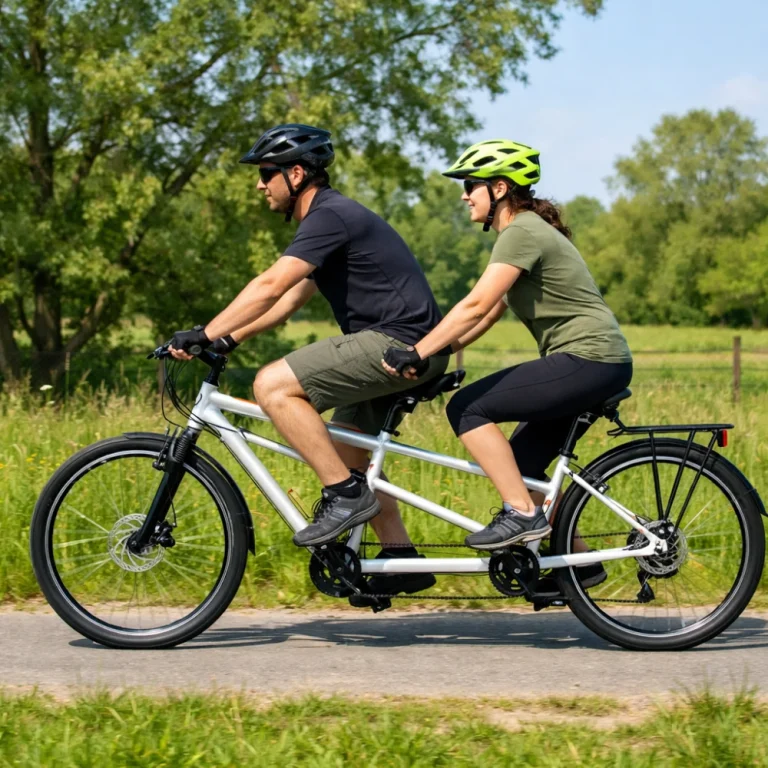 Two people riding a tandem bike on a quiet outdoor path.