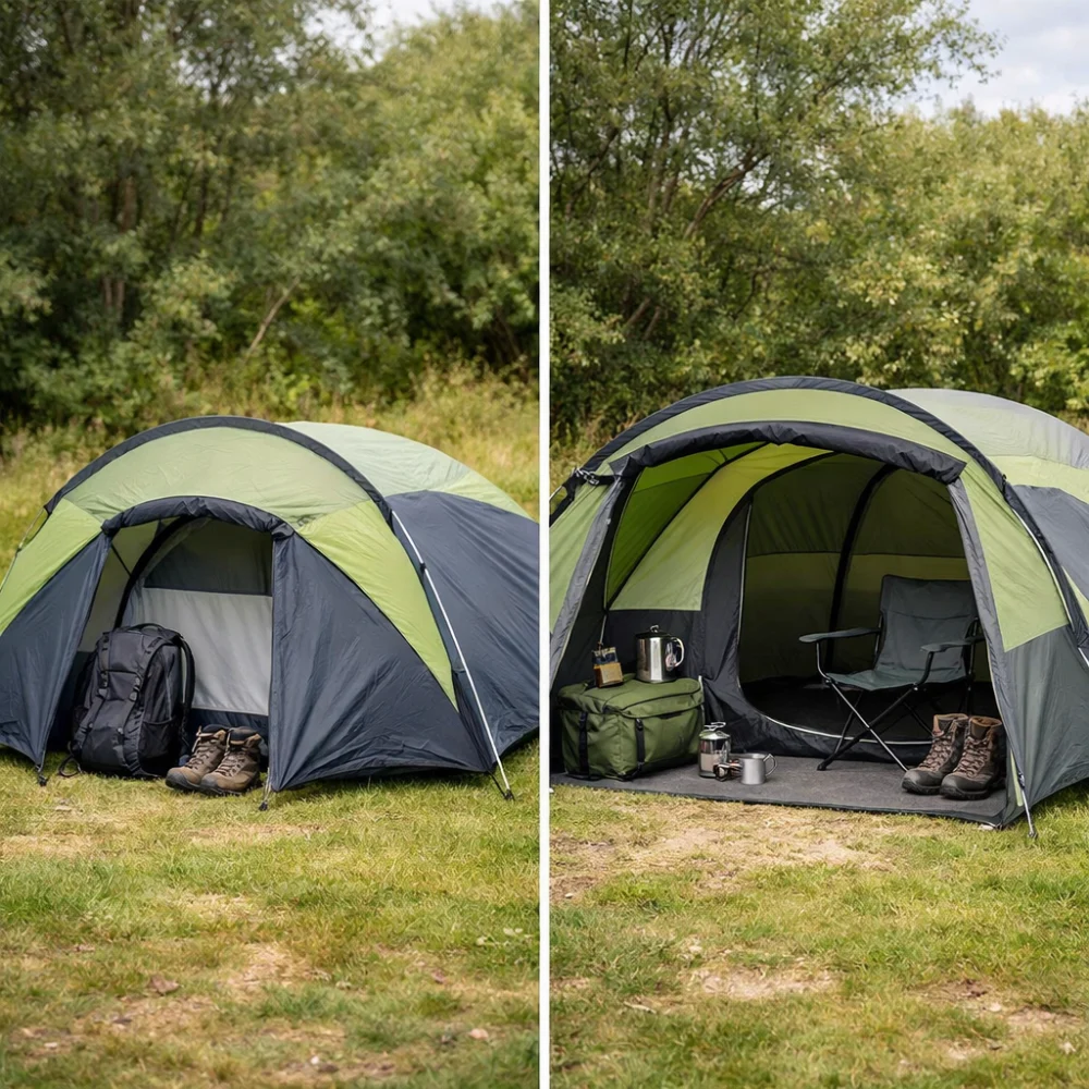 Comparison of compact and roomier tent vestibules attached to tents