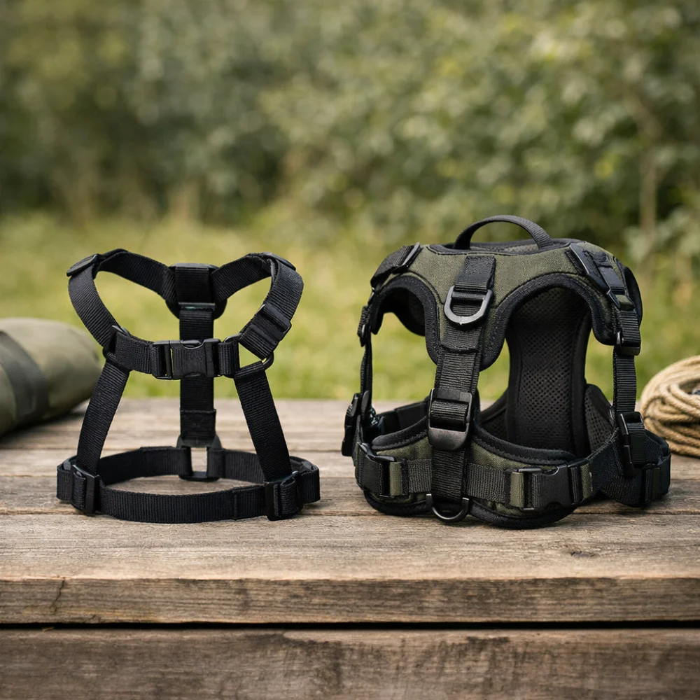 Two trad climbing harness styles shown side by side