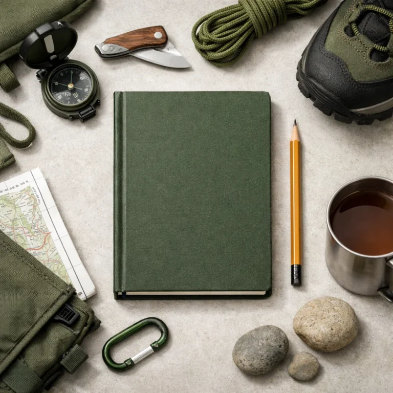 An unbranded trail journal with a pencil and simple hiking items on a neutral background.
