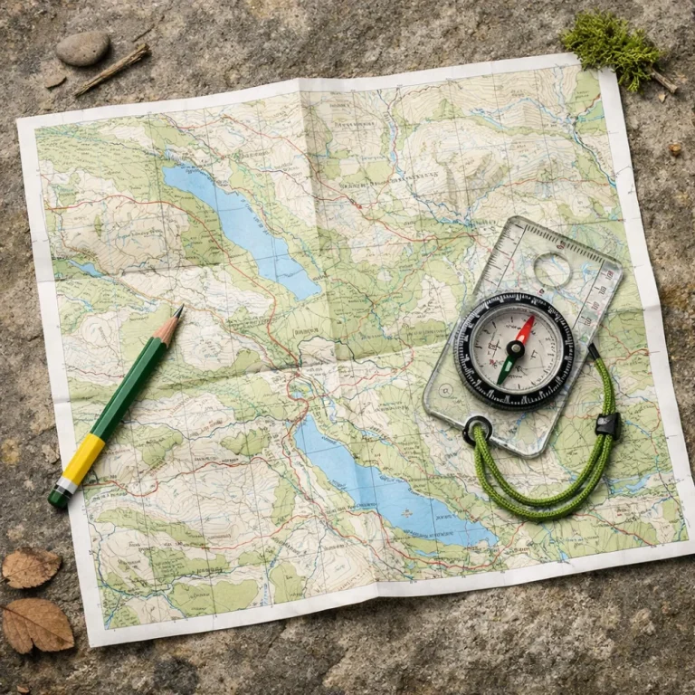 An unfolded trail map with a compass and pencil on a plain surface.