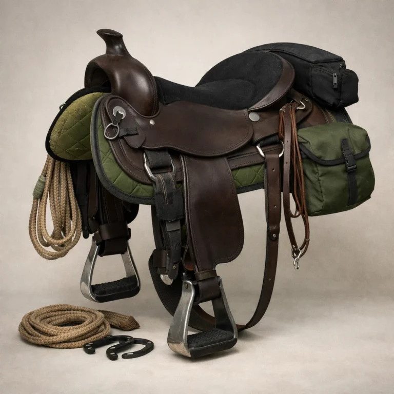 A trail saddle displayed on a neutral background