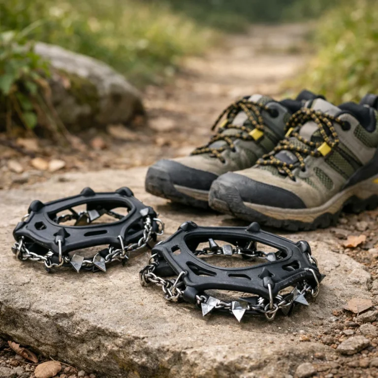 Generic trail shoe grips beside hiking shoes in a simple outdoor setting.