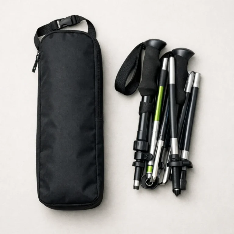 Generic trekking pole carrying case next to folded trekking poles on a plain background.