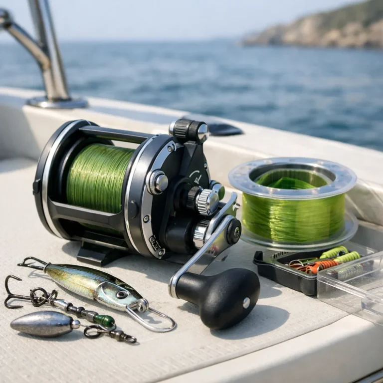 A trolling reel shown with fishing line and boat-fishing tackle on a neutral background.