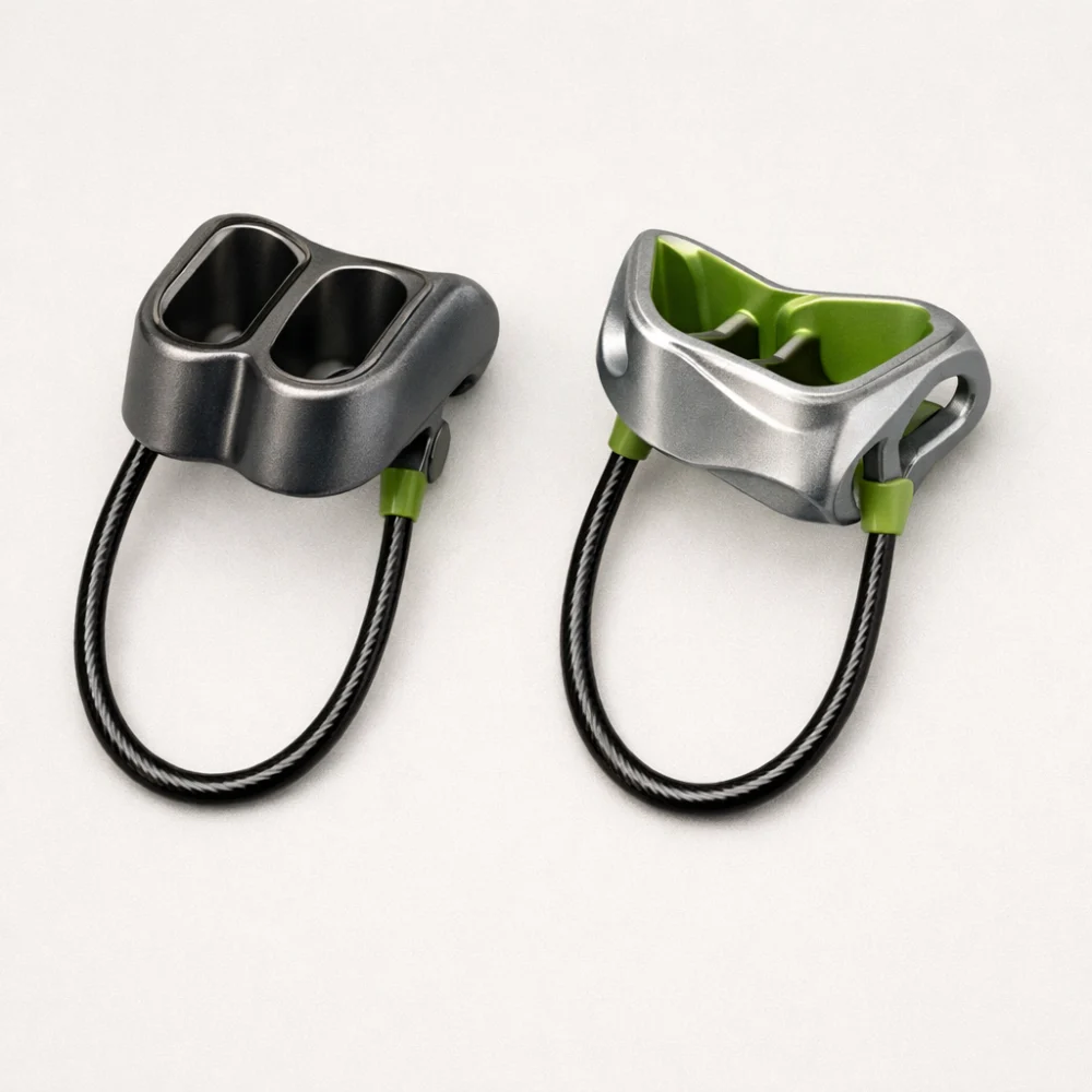 Two tube-style belay devices shown side by side for comparison.