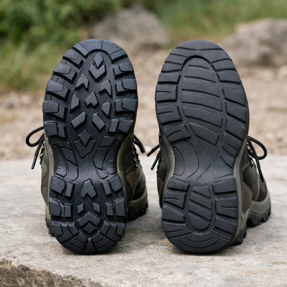 Two generic wading boots with different sole styles shown side by side