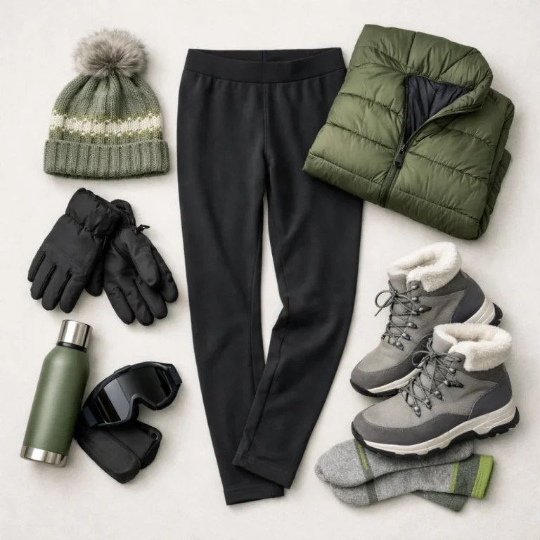 Women’s base layer bottoms laid out as a simple winter clothing flat lay.